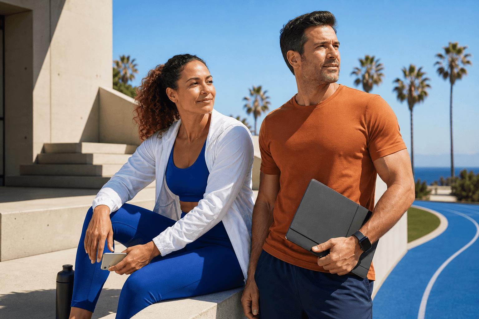 Two active adults on sunlit steps beside a blue running track.