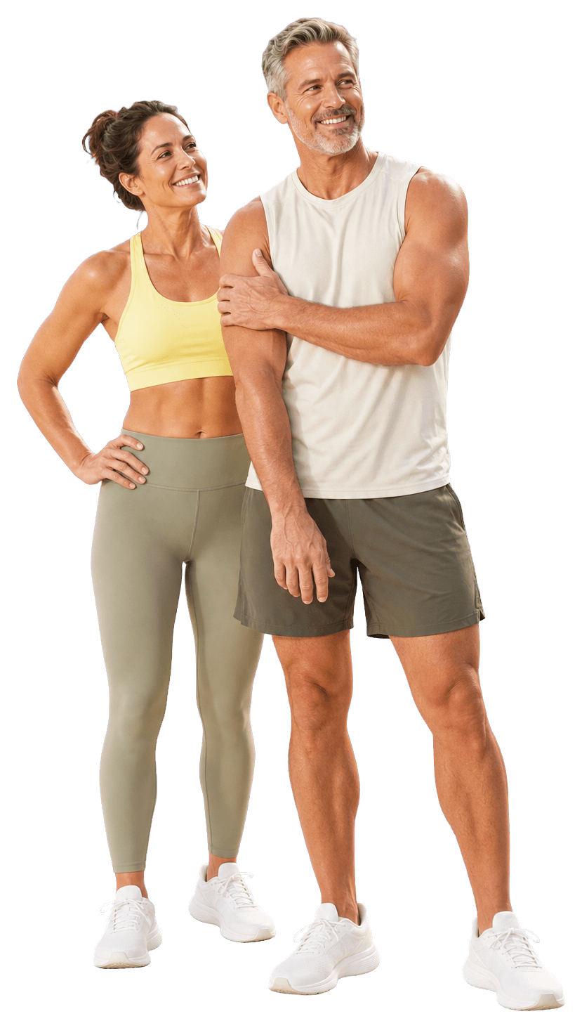 Active couple in lemon and ivory training wear, with the man holding his upper arm for muscle support.