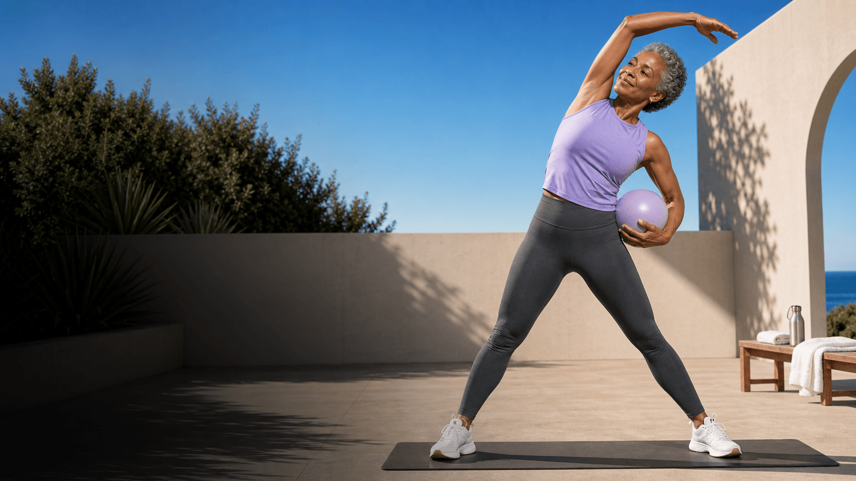Older woman in lavender and charcoal mobility wear stretching on a sunlit terrace.