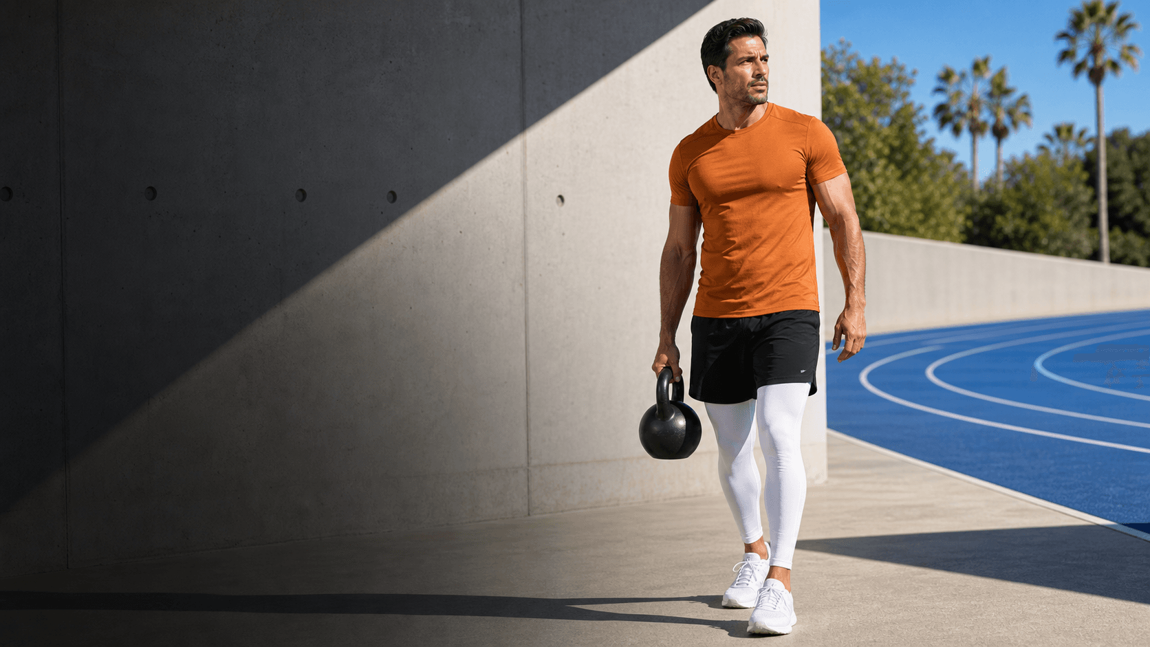 Latino man in orange strength-training wear carrying a kettlebell by a blue track.
